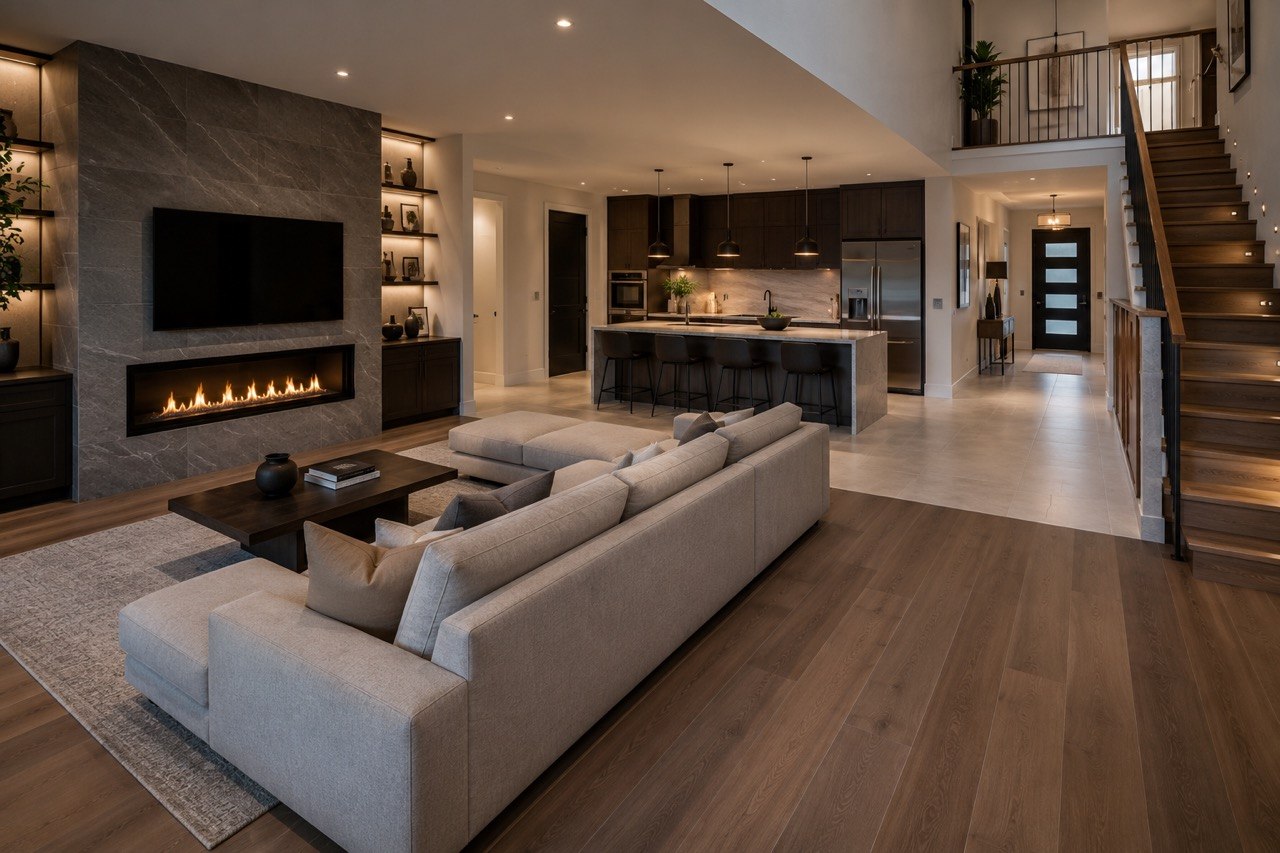Finished living room, kitchen and staircase by Yurtec Interiors