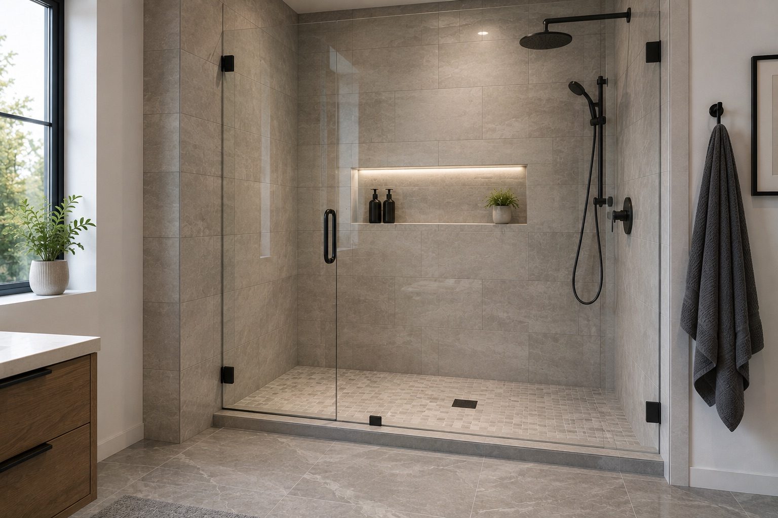 Tiled walk-in shower with lit niche