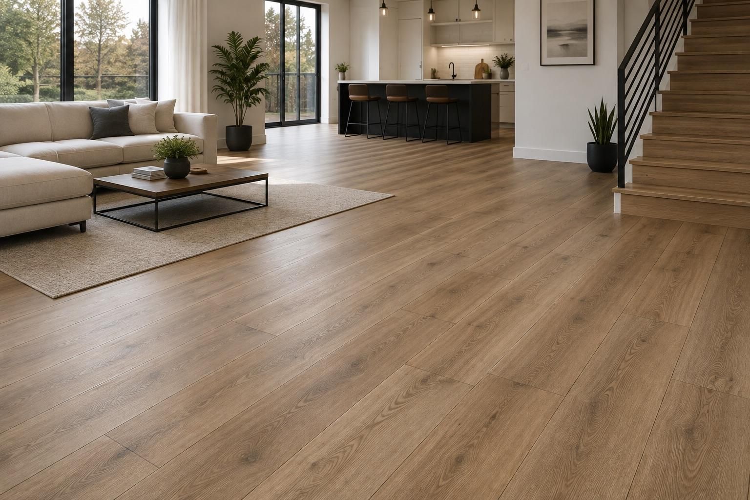Wide-plank flooring through an open-plan living area