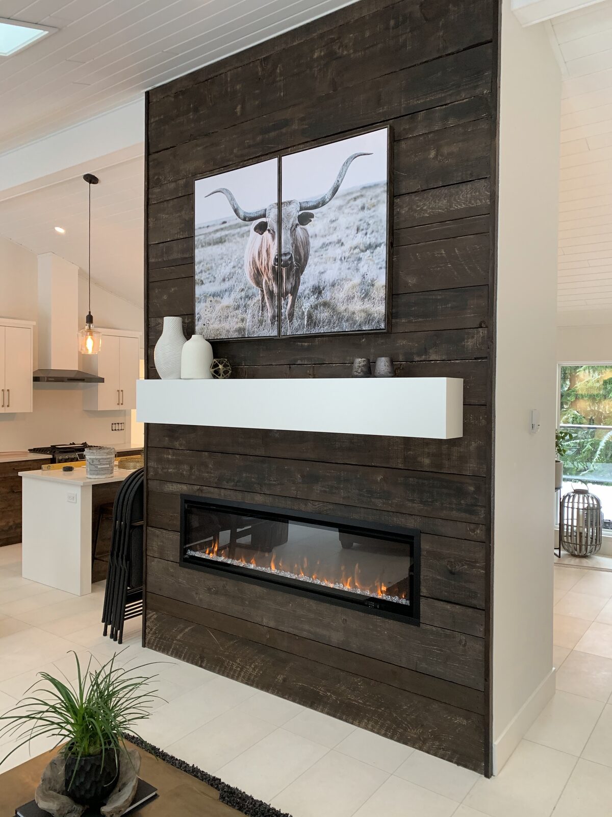 Linear fireplace set into a dark wood plank feature wall